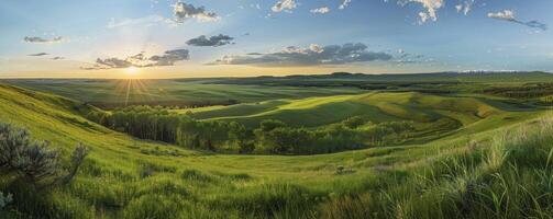 ai généré embrassement printemps sérénité, une paysage honoré par luxuriant vert des champs et le Naturel beauté de le saison pente photo