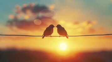 ai généré à le coucher du soleil deux des oiseaux embrasse l'amour et romance dans une Valentin journée étreinte photo