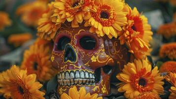 ai généré Orange crâne avec fleurs, cinco de mayo journée concept photo