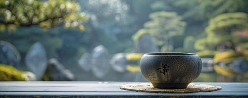 ai généré serein tradition. traditionnel Japonais thé la cérémonie ensemble dans une tranquille jardin paramètre, immergé les participants dans une culturel rituel de thé appréciation et harmonie avec la nature. photo