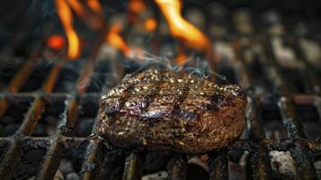 ai généré grillé à la perfection, carbonisé steak sur le barbecue, en attente sarriette indulgence photo