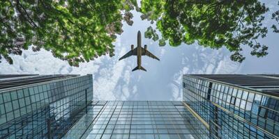 ai généré Urbain oasis. commercial bâtiment encadré par luxuriant des arbres avec une avion planant au dessus dans le ciel. photo