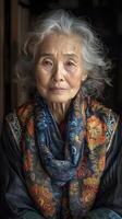 ai généré gracieux sagesse. portrait de un asiatique personnes âgées femme, reflétant une durée de vie de expérience et résilience. photo