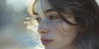 ai généré captivant beauté fermer portrait de une Jeune fille, rayonnant jeunesse et la grâce. photo