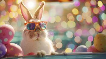 ai généré Pâques lapin avec des lunettes de soleil furtivement en dehors de une voiture, entouré par coloré Pâques des œufs photo