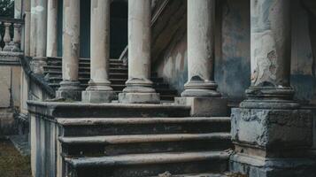 ai généré piliers de tradition. détaillé pierre Colonnes et escalier orner le classique façade de le bâtiment. photo