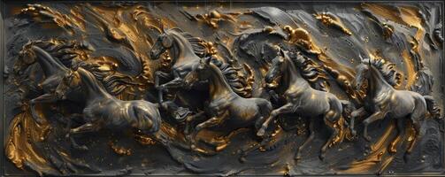 ai généré d'or galop. ouvrages d'art capturer le majestueux mouvement de une cheval fonctionnement avec radiant d'or teintes, émanant Puissance et la grâce. photo