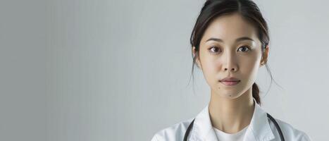 ai généré Jeune asiatique médecin femme. une portrait de professionnalisme et la compassion dans soins de santé. photo