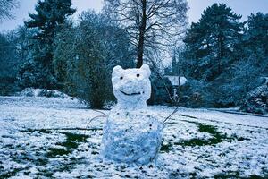 excentrique bonhomme de neige avec une de bonne humeur expression permanent dans une neigeux paysage avec des arbres dans le Contexte dans harroquer, Nord Yorkshire, Royaume-Uni. photo