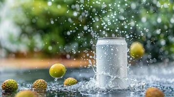 ai généré Frais litchi fruit chute dans aluminium pouvez avec l'eau éclaboussure et flou Contexte photo