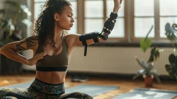 ai généré Jeune femme avec bionique prothèse pratiquant yoga à Accueil photo