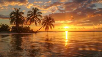 ai généré magnifique le coucher du soleil plus de le mer avec paume des arbres sur le île. photo