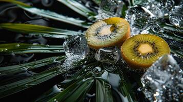 ai généré kiwi fruit et la glace cubes sur noir Contexte photo