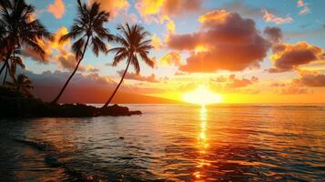 ai généré magnifique le coucher du soleil plus de le mer avec paume des arbres sur le île. photo