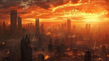 ai généré fantaisie paysage urbain avec brûlant bâtiments et grattes ciels à le coucher du soleil photo