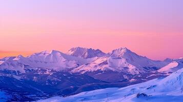 ai généré magnifique hiver le coucher du soleil dans le montagnes. panoramique voir. photo