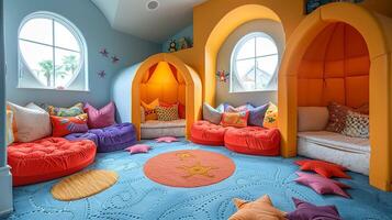 ai généré capricieux enfants salle de jeux avec brillant couleurs et imaginatif décor photo