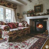 ai généré traditionnel Anglais chalet vivant pièce avec floral motifs et confortable cheminée photo