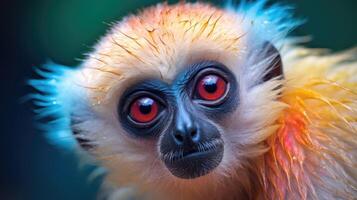 ai généré gibbon avec yeux deux fois comme grand, orné dans arc en ciel couleurs sur tous les deux côtés, ai généré. photo