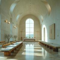 ai généré moderne minimaliste chapelle avec Facile architectural lignes et Naturel lumière photo