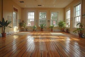 ai généré paisible yoga studio avec Naturel bois planchers et calmant couleurs photo