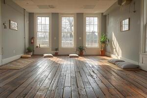 ai généré paisible yoga studio avec Naturel bois planchers et calmant couleurs photo