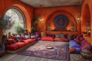 ai généré traditionnel marocain vivant pièce avec riches textiles lanternes photo