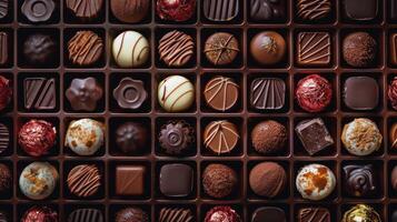 ai généré assorti Lignes de différent Chocolat bonbons soigneusement arrangé dans une boîte, ai généré photo