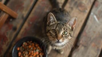 ai généré curieuse chat près bol regards vers le haut, ai généré photo