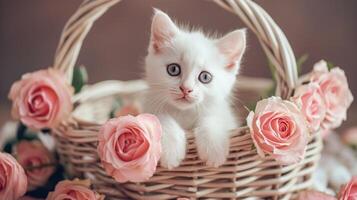 ai généré petit blanc chaton dans le panier avec rose des roses. minou et fleurs photo