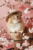 ai généré mignonne duveteux chat dans chapeau avec Frais printemps fleurs photo
