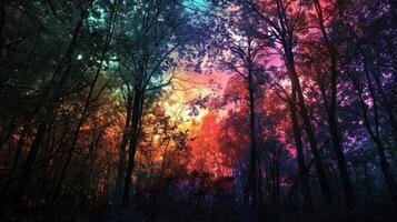 ai généré mystique brumeux forêt. coloré forêt à nuit. photo
