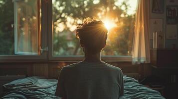 ai généré Jeune homme séance sur le lit et à la recherche en dehors le fenêtre à le coucher du soleil photo