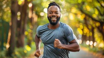 ai généré de bonne humeur africain américain homme le jogging dans le parc photo