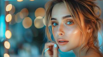 ai généré portrait de une magnifique Jeune femme avec bleu yeux et longue cheveux photo