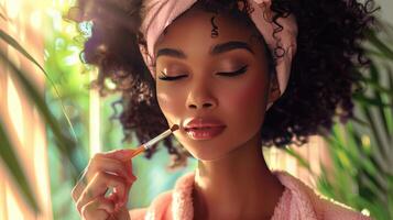 ai généré magnifique africain américain femme appliquant faire en haut avec brosse. photo