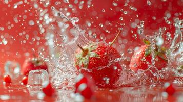 ai généré fraise dans l'eau éclaboussure avec gouttes sur rouge Contexte. photo