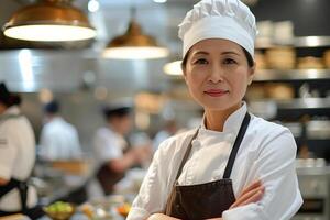 ai généré portrait de souriant asiatique femelle chef dans restaurant cuisine photo
