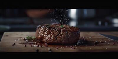 ai généré grillé Viande steak servi sur une assiette avec épices et herbes. esthétique image pour restaurant, menu. photo