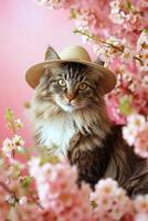 ai généré mignonne duveteux chat dans chapeau avec Frais printemps fleurs photo