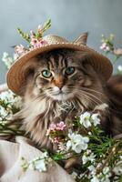 ai généré mignonne duveteux chat dans chapeau avec Frais printemps fleurs photo