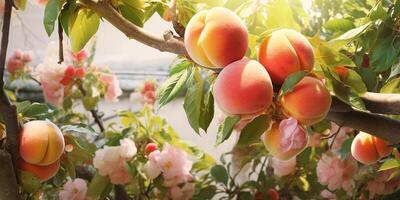 ai généré mûr sucré les pêches croissance sur une pêche arbre dans le jardin. fermer de les pêches et pêche des arbres dans lumière du soleil photo