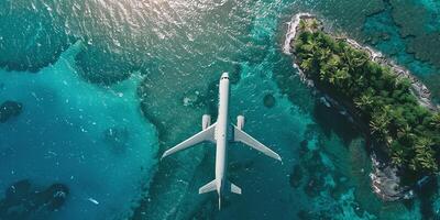 ai généré Haut vers le bas vue de une blanc avion en volant plus de le bleu mer et îles. vacances concept photo