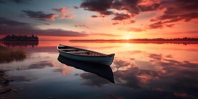 ai généré coloré le coucher du soleil. bateau sur le l'eau surface photo