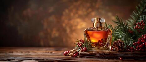 ai généré luxe verre parfum bouteille avec vieux bois, cardamome, rose poivre et Romarin Contexte dans foncé marron thème comme large bannière avec copie espace zone photo