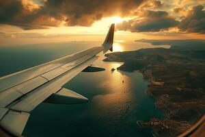 ai généré vue de un avion fenêtre, surplombant le aile avec une Stupéfiant vue de le mer à le coucher du soleil photo