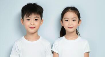 ai généré portrait de deux asiatique les enfants. asiatique frère et sœur photo