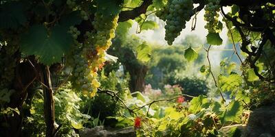 ai généré juteux, mûr raisins, doux lumière. là est une jardin dans le Contexte. récolte temps photo