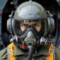 ai généré réaliste image de une militaire avion pilote. avant une combat mission photo