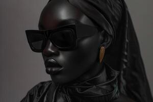 ai généré fermer de une portrait de une glamour africain femelle modèle dans noir des lunettes photo